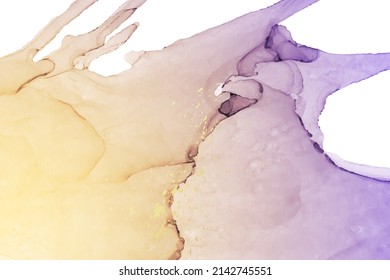 Modern watercolor background or elegant card design or wallpaper or poster with abstract yellow and purple ink waves and golden splashes.