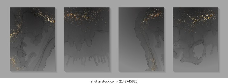 Modern watercolor background or elegant card design for birthday invite or wedding or menu with abstract black ink waves and golden splashes.
