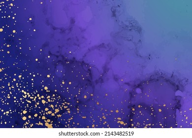 Modern watercolor background or elegant card design or space wallpaper or poster with abstract purple ink waves and golden splashes.