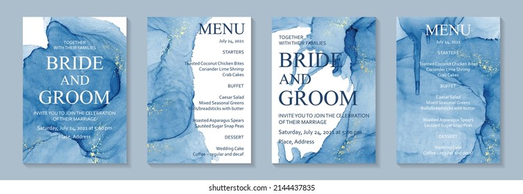 Modern watercolor background or elegant card design for birthday invite or wedding or menu with abstract blue ink waves and golden splashes.