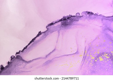 Modern watercolor background or elegant card design or wallpaper or poster with abstract pink and purple ink waves and golden splashes.