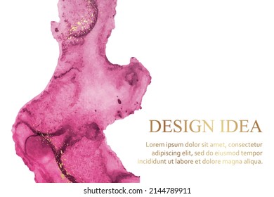 Modern watercolor background or elegant card design or wallpaper or poster with abstract pink ink waves and golden splashes.