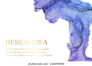 Modern watercolor background or elegant card design or wallpaper or poster with abstract blue and purple ink waves and golden splashes.