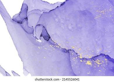 Modern watercolor background or elegant card design or wallpaper or poster with abstract purple ink waves and golden splashes.