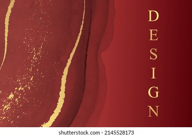 Modern watercolor background or elegant card design or wallpaper or poster with abstract red ink waves and golden splashes.