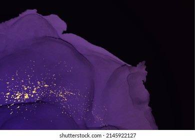 Modern watercolor background or elegant card design or wallpaper or poster with abstract purple ink waves and golden splashes on a black.