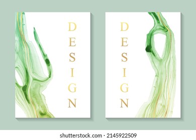 Modern watercolor background or elegant card design for birthday invite or wedding or menu with abstract green ink waves and golden lines.
