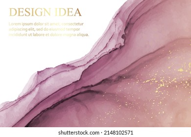 Modern watercolor background or elegant card design or wallpaper or poster with abstract pink ink waves and golden splashes.