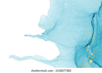 Modern watercolor background or elegant card design or wallpaper or poster with abstract teal blue ink waves and golden splashes.