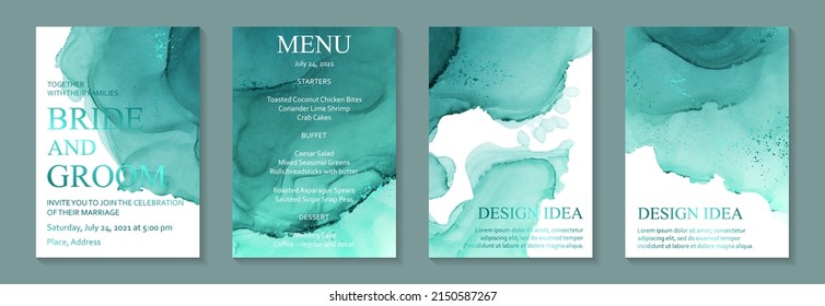 Modern watercolor background or elegant card design for birthday invite or wedding or menu with abstract turquoise ink waves and splashes.