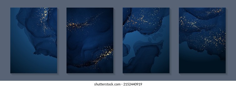 Modern watercolor background or elegant card design for birthday invite or wedding or menu with abstract navy blue ink waves and golden splashes. - Shutterstock ID 2152440919