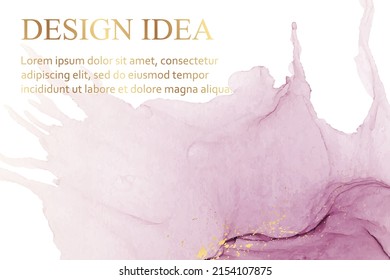 Modern watercolor background or elegant card design or wallpaper or poster with abstract pink ink waves and golden splashes.