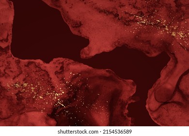 Modern watercolor background or elegant card design or wallpaper or poster with abstract red ink waves and golden splashes.