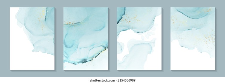 Modern watercolor background or elegant card design for birthday invite or wedding or menu with abstract teal blue ink waves and golden splashes.