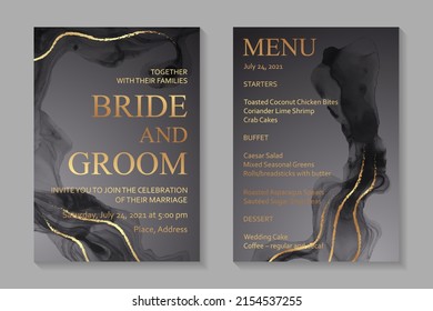 Modern watercolor background or elegant card design for birthday invite or wedding or menu with abstract teal black ink waves and golden curves.