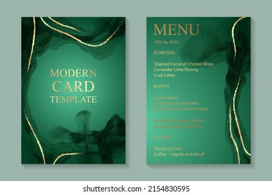 Fondo acuático moderno o diseño elegante de tarjetas para invitados de cumpleaños o bodas o menús con ondas de tinta verde abstracta y curvas doradas.