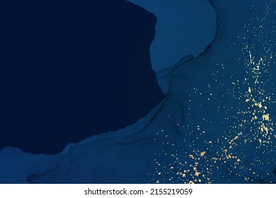 Modern watercolor background or elegant card design or wallpaper or poster with abstract navy blue ink waves and golden splashes.