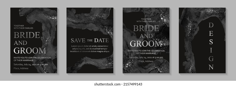 Modern watercolor background or elegant card design for birthday invite or wedding or menu with abstract black ink waves and silver splashes.