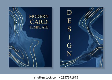 Modern watercolor background or elegant card design for birthday invite or wedding or menu with abstract navy blue ink waves and golden curves.