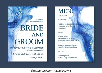 Modern watercolor background or elegant card design for birthday invite or wedding or menu with abstract blue ink waves and golden splashes.