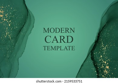 Modern watercolor background or elegant card design or wallpaper or poster with abstract green ink waves and golden splashes.