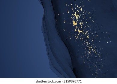 Modern watercolor background or elegant card design or wallpaper or poster with abstract navy blue ink waves and golden splashes.