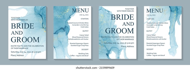 Modern watercolor background or elegant card design for birthday invite or wedding or menu with abstract blue ink waves and golden splashes.