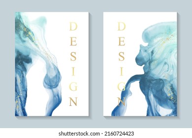 Modern watercolor background or elegant card design for birthday invite or wedding or menu with abstract blue ink waves and golden splashes.