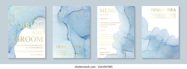 Modern watercolor background or elegant card design for birthday invite or wedding or menu with abstract blue ink waves and golden splashes.