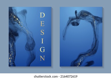 Modern watercolor background or elegant card design for birthday invite or wedding or menu with abstract blue ink waves and golden splashes.