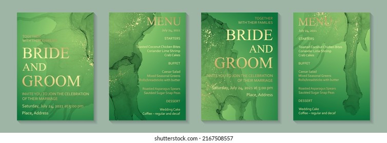 Modern watercolor background or elegant card design for birthday invite or wedding or menu with abstract green ink waves and golden splashes.