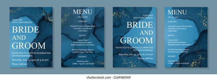 Modern watercolor background or elegant card design for birthday invite or wedding or menu with abstract blue ink waves and golden splashes.