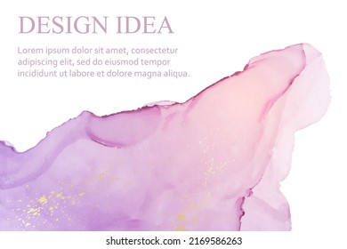 Modern watercolor background or elegant card design or wallpaper or poster with abstract purple and pink ink waves and golden splashes.
