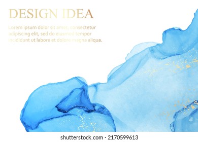 Modern watercolor background or elegant card design or wallpaper or poster with abstract blue ink waves and golden splashes.