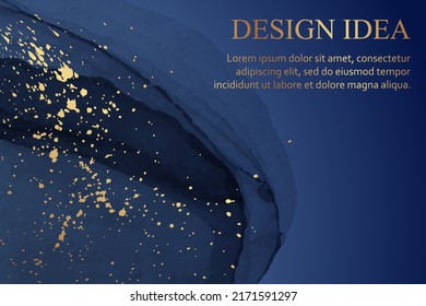 Modern watercolor background or elegant card design or wallpaper or poster with abstract navy blue ink waves and golden splashes.