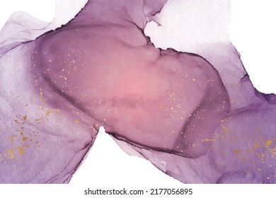 Modern watercolor background or elegant card design or wallpaper or poster with abstract purple ink waves and golden splashes.