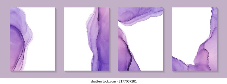 Modern watercolor background or elegant card design for birthday invite or wedding or menu with abstract purple ink waves and golden splashes.