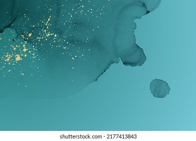 Modern watercolor background or elegant card design or wallpaper or poster with abstract turquoise ink waves and golden splashes.