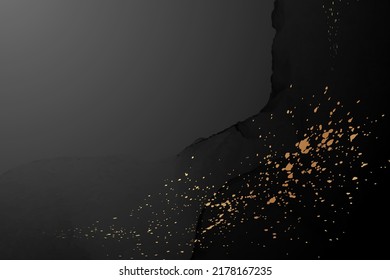 Modern watercolor background or elegant card design or wallpaper or poster with abstract black ink waves and golden splashes.