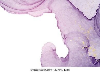 Modern watercolor background or elegant card design or wallpaper or poster with abstract purple ink waves and golden splashes.