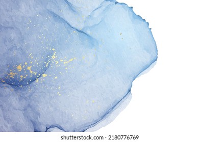 Modern watercolor background or elegant card design or wallpaper or poster with abstract blue ink waves and golden splashes.