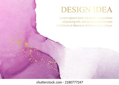 Modern watercolor background or elegant card design or wallpaper or poster with abstract pink ink waves and golden splashes.