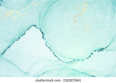 Modern watercolor background or elegant card design or wallpaper or poster with abstract turquoise ink waves and golden splashes.