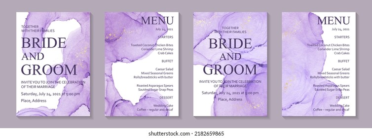 Modern watercolor background or elegant card design for birthday invite or wedding or menu with abstract purple ink waves and golden splashes.