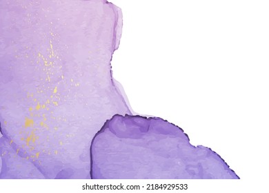 Modern watercolor background or elegant card design or wallpaper or poster with abstract emerald purple ink waves and golden splashes.