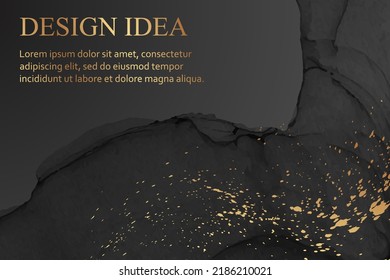 Modern watercolor background or elegant card design or wallpaper or poster with abstract black ink waves and golden splashes.