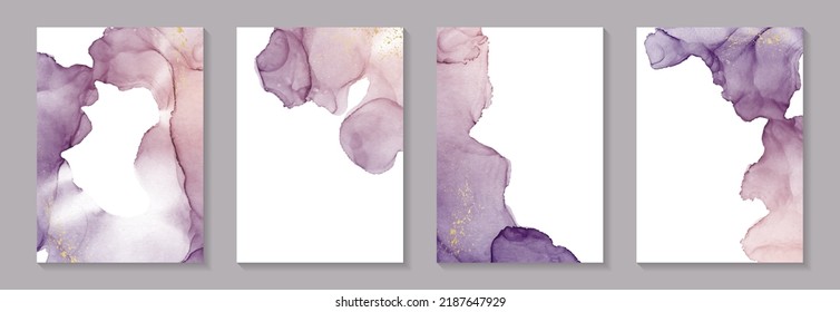 Modern watercolor background or elegant card design for birthday invite or wedding or menu with abstract purple and pink ink waves and golden splashes.