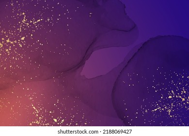 Modern watercolor background or elegant card design or wallpaper or poster with abstract purple ink waves and golden splashes.