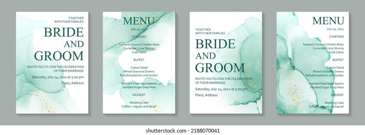 Modern watercolor background or elegant card design for birthday invite or wedding or menu with abstract mint green ink waves and golden splashes.