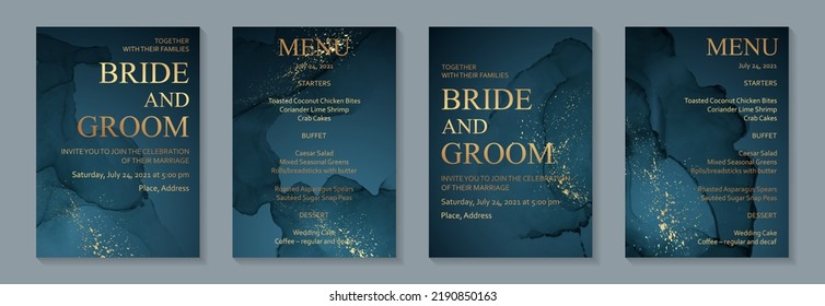 Modern watercolor background or elegant card design for birthday invite or wedding or menu with abstract navy blue ink waves and golden splashes.